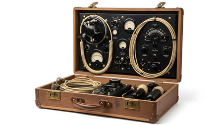 White showing open wooden briefcase with antique radio equipment, gauges, dials, and coiled...
