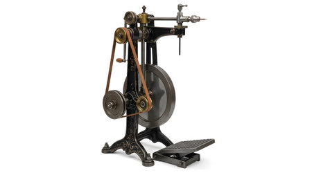 Cast showing ornate cast iron foot powered drill press with large flywheel and belt.