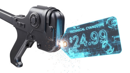 A price tag gun emits sparks as it imprints glowing blue digital data onto a futuristic price tag.