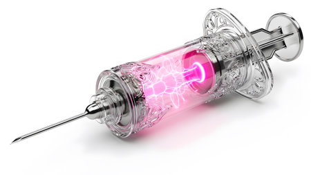 Syringe showing ornate glass syringe with glowing pink plasma and sharp needle.