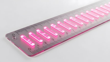 Neon showing transparent ruler with pink neon glow and measurement markings on white surface....