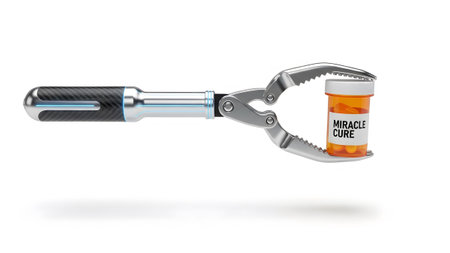 A metallic robotic claw grips a small orange bottle with the label on white.