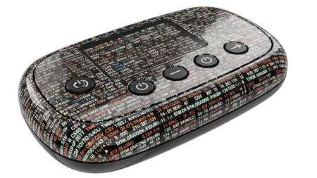 Text showing close-up of a glucose meter covered in data and text, symbolizing health...