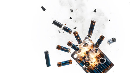 Debris showing exploding battery pack with flying debris and sparks against a white background....