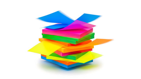A stack of vibrant neon sticky notes with several sheets flying around it on a clean white...