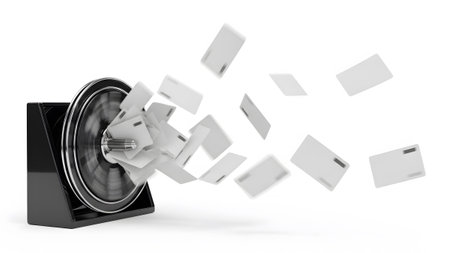 showing modern black machine dispensing blank cards on white background.