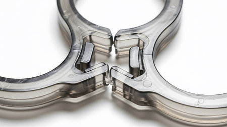 Interlocked showing close-up of two transparent grey plastic handcuffs interlocked on a white...