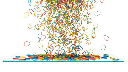 Numerous colorful rubber bands fall and scatter onto a transparent glass surface, creating a...