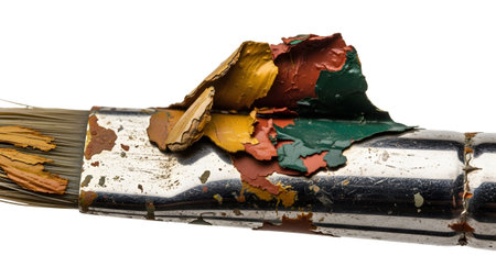 showing close-up of a paintbrush ferrule with peeling layers of red yellow and green...