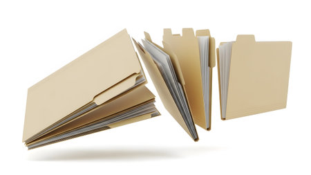 Beige manila file folders with paper documents are arranged in a dynamic composition against a...
