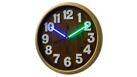 White showing round wooden wall clock with glowing blue and green hands on white background....