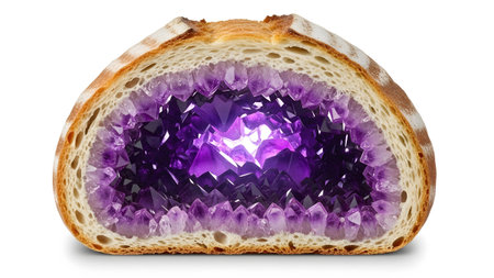 White showing slice of bread with a geode cavity filled with purple amethyst crystals on white....