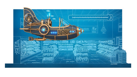 (8576) showing steampunk flying vehicle hovering over a blueprint of a grocery store aisle with...の写真素材