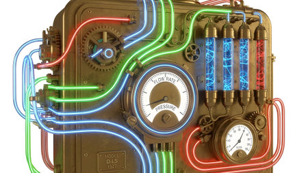 White showing steampunk machine with gears gauges and glowing neon tubes on white background....