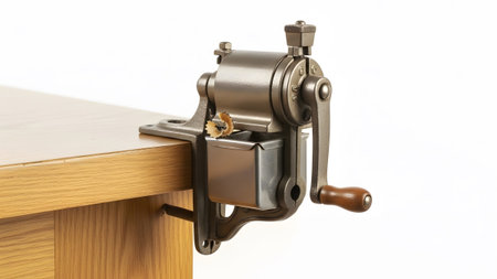 (8105) showing vintage metal pencil sharpener clamped to wooden desk with shavings.