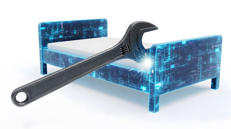 Digital showing adjustable wrench repairing a digital futuristic bed with blue circuitry.