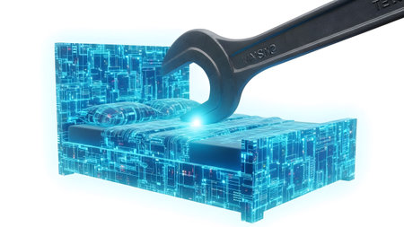 Digital showing adjustable wrench tightening a futuristic digital bed.