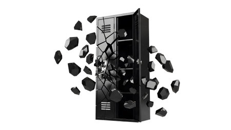 Metal showing black metal school lockers breaking apart into black geometric fragments on a...