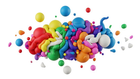 Spheres showing abstract colorful cloud of plasticine shapes and spheres floating on white...