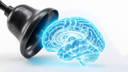 A dark metal bell is poised to strike a luminous blue digital brain, symbolizing an idea or...