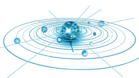 Glowing showing abstract solar system model with glowing blue planets and orbital paths.