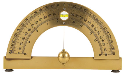 A golden brass protractor with detailed markings and a hanging pendulum sits on a white background.