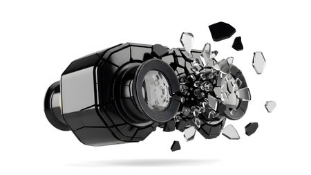 Black binoculars shattering into transparent and black crystal fragments.