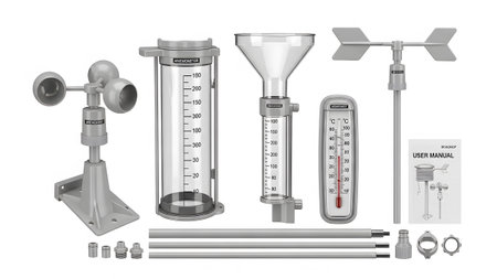 Collection showing collection of weather instruments including anemometer rain gauge thermometer...