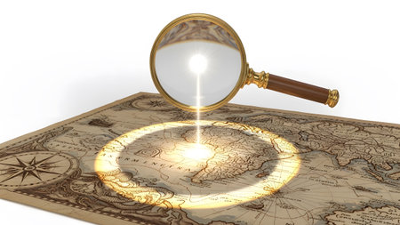 Golden showing close-up of a vintage magnifying glass with a golden frame over an old map.
