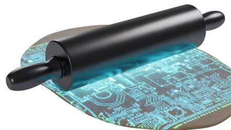 Board showing black rolling pin over a glowing blue circuit board pattern on white background....