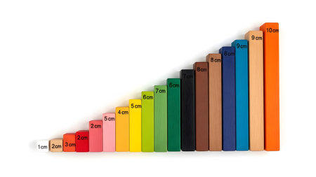 A series of colorful wooden blocks of increasing length, each labeled with its centimeter...