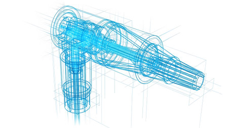 Showing blue wireframe blueprint of a complex mechanical device on white background.