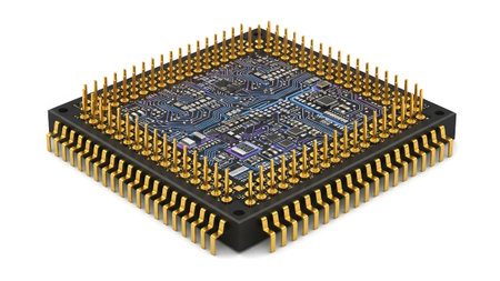 A detailed 3D render of a computer processor chip showcases gold pins and complex internal...