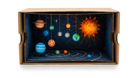 Cardboard showing cardboard box diorama of solar system with sun planets and orbiting rings....