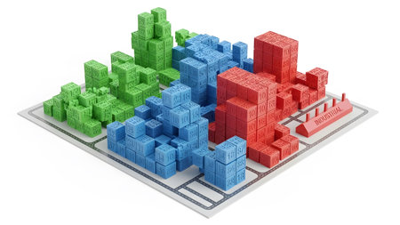Showing colorful blocks forming abstract cityscape with roads and industrial building.
