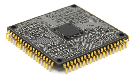A detailed close-up of a black printed circuit board featuring gold pins, numerous small...