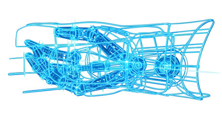 Wireframe showing wireframe robotic hand gripping with blue glowing mechanical structure.