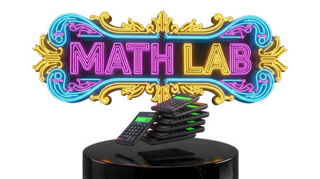 Blue showing colorful neon sign math lab above stack of calculators on a dark marble display...