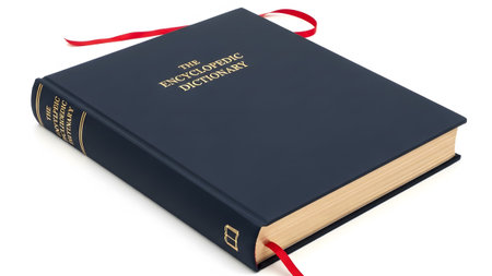 Bookmark showing dark blue encyclopedic dictionary book with gold lettering and red ribbon...