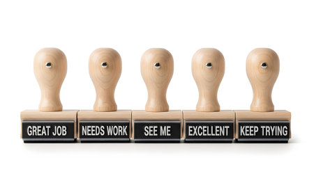 Five wooden stamps with black text phrases stand in a row.