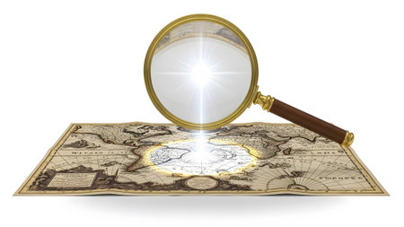 Golden showing golden magnifying glass with wooden handle examining an ancient map with bright...