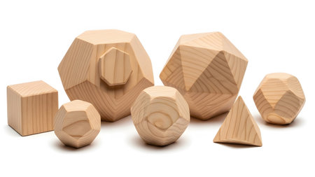 Wooden geometric wooden blocks with natural wood grain and faceted surfaces.