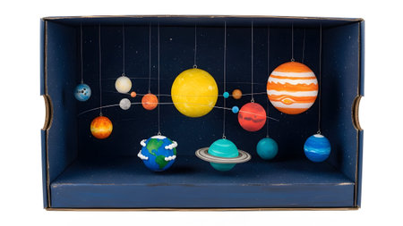A handmade solar system model with colorful planets suspended by strings inside a dark blue box.