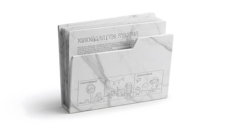Background showing marble patterned folder with kindergarten syllabus and playful on white...