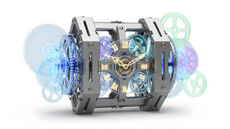 Lkjh showing intricate mechanical clockwork mechanism with gears and roman numerals.