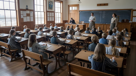 Showing old-fashioned classroom scene with teacher and students at wooden desks.