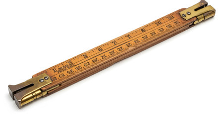 An old wooden folding ruler with brass end caps and detailed inch markings is presented on a...
