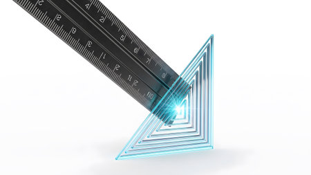 Measuring showing metal ruler measuring a glowing blue geometric pyramid structure on a white...