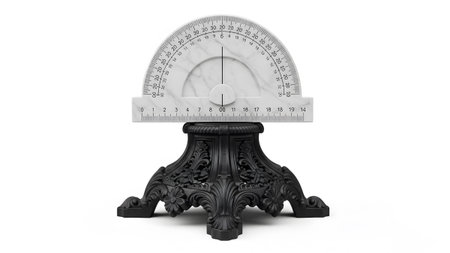 A white marble protractor and ruler sit atop an ornate black metal stand against a white backdrop.