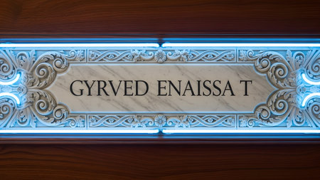 An ornate framed sign with glowing blue neon lights is mounted on a dark wood paneling...